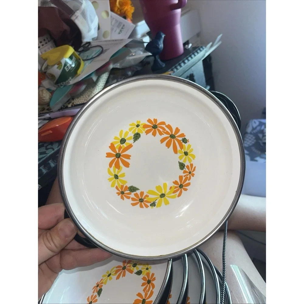 Vintage Ekco Country Garden Porcelain Enamel Pans‎ Set of 7 Italy Daisy Floral
